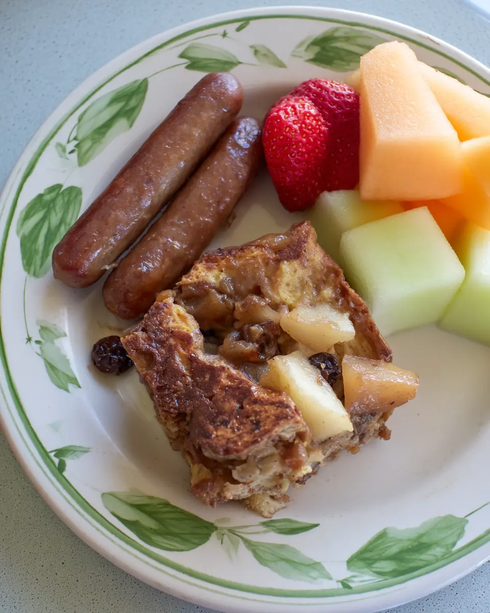 Warm slice of apple-raisin French toast casserole served with breakfast sausages, strawberries, cantaloupe, and honeydew melon on a white plate with green leaf trim.