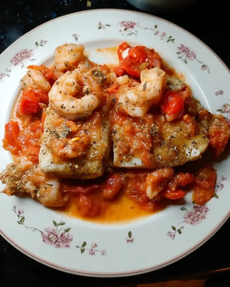 Baked cod fillets and cooked shrimp in chunky garlic tomato sauce on a white floral plate, seasoned with dried oregano and black pepper