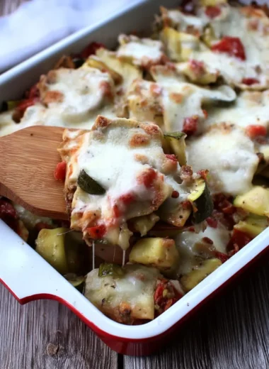 Close-up of a baked ratatouille casserole with zucchini, tomatoes, herbs, and melted cheese being lifted from a red-rimmed enamel dish.