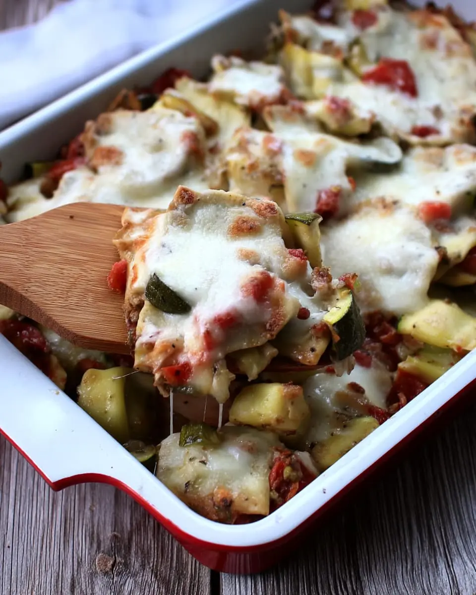 Close-up of a baked ratatouille casserole with zucchini, tomatoes, herbs, and melted cheese being lifted from a red-rimmed enamel dish.
