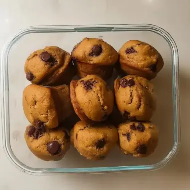 Nine golden banana protein muffins with chocolate chips arranged in clear glass storage container viewed from above