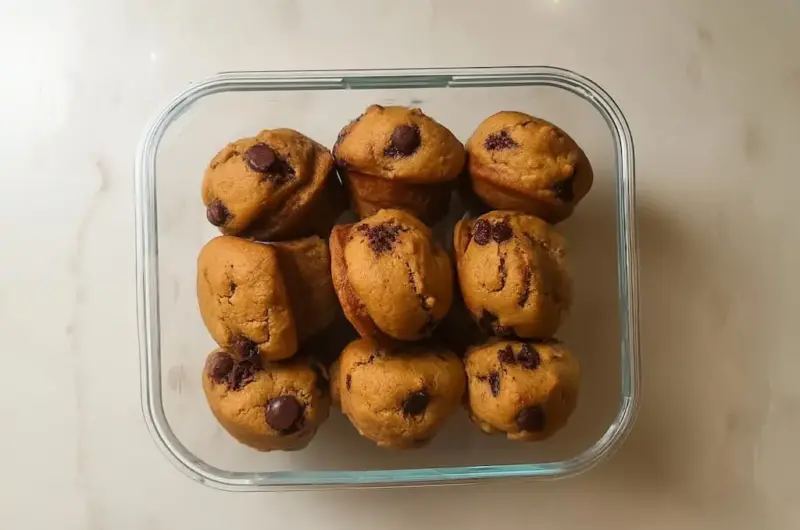 Nine golden banana protein muffins with chocolate chips arranged in clear glass storage container viewed from above