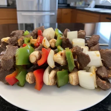 Uncooked beef kabobs threaded with steak cubes, red and green bell peppers, onion chunks, and button mushrooms on a white plate in a home kitchen.