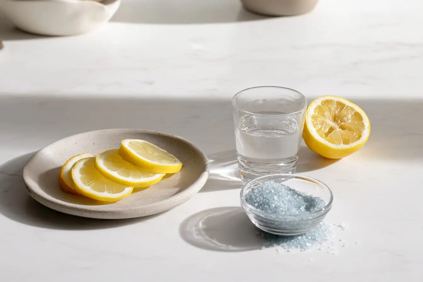Blue Salt Trick Recipe Ingredients Ingredients for the best blue salt trick recipe: a small glass bowl of Persian blue salt crystals, four lemon slices on a stoneware plate, a glass of filtered water, and a halved lemon on a white marble countertop.