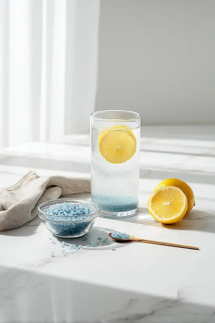 Tall glass of sparkling water showing a layer of dissolved Persian blue salt at the bottom and two lemon slices floating, set beside a small bowl of blue salt crystals, a half lemon, and a gold spoon on a sunlit marble countertop.