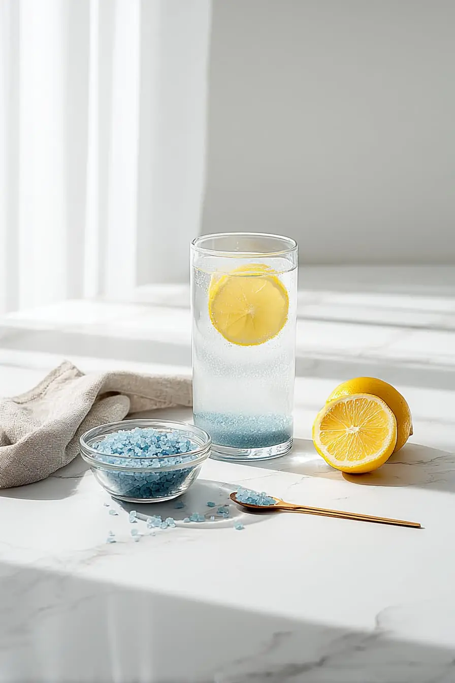 Tall glass of sparkling water showing a layer of dissolved Persian blue salt at the bottom and two lemon slices floating, set beside a small bowl of blue salt crystals, a half lemon, and a gold spoon on a sunlit marble countertop.