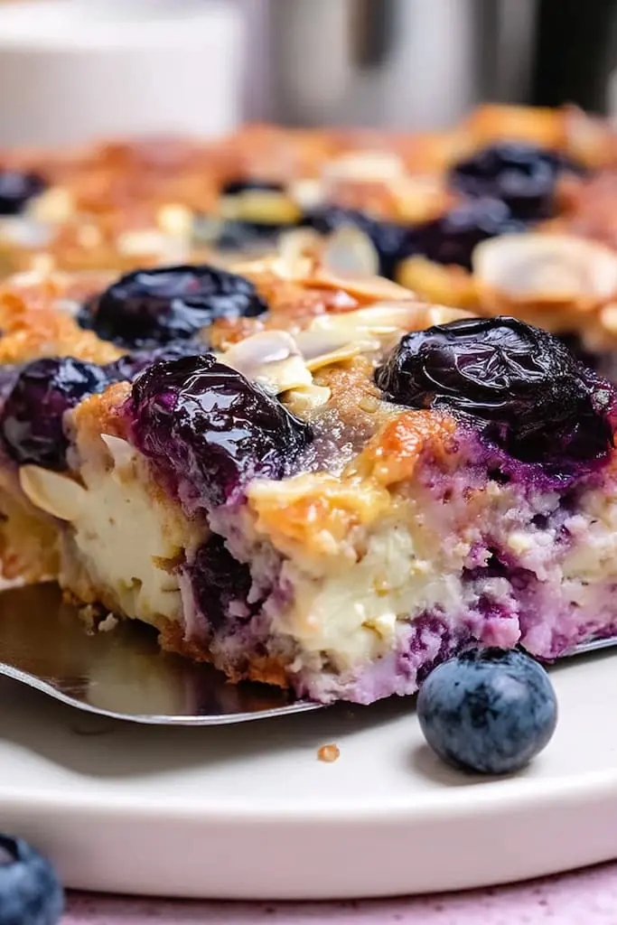 Blueberry Cottage Cheese Breakfast Bake Slice Ready to Serve A slice of blueberry cottage cheese breakfast bake on a white plate with fresh blueberries, showing golden-brown top with sliced almonds and purple blueberry streaks throughout the creamy base