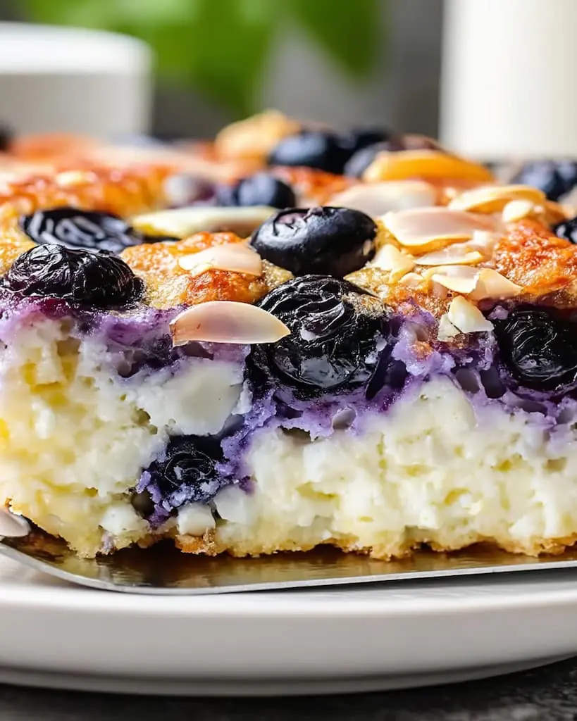 A slice of blueberry cottage cheese breakfast bake showing the creamy white cottage cheese base with purple blueberry streaks, topped with sliced almonds and whole blueberries on a white plate