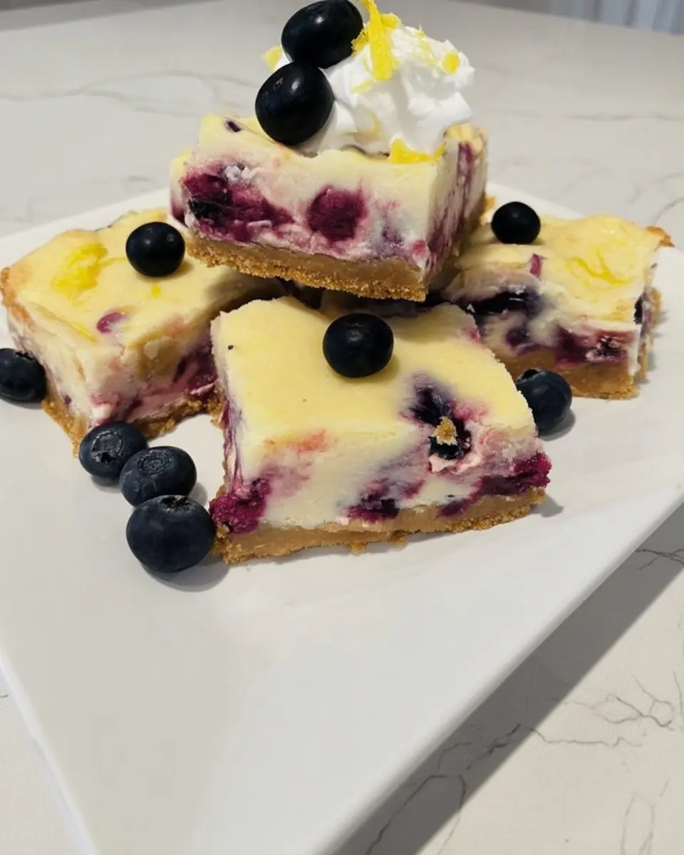 Creamy blueberry cream cheese bars with a golden graham cracker crust, topped with fresh blueberries, whipped cream, and lemon zest on a white plate.