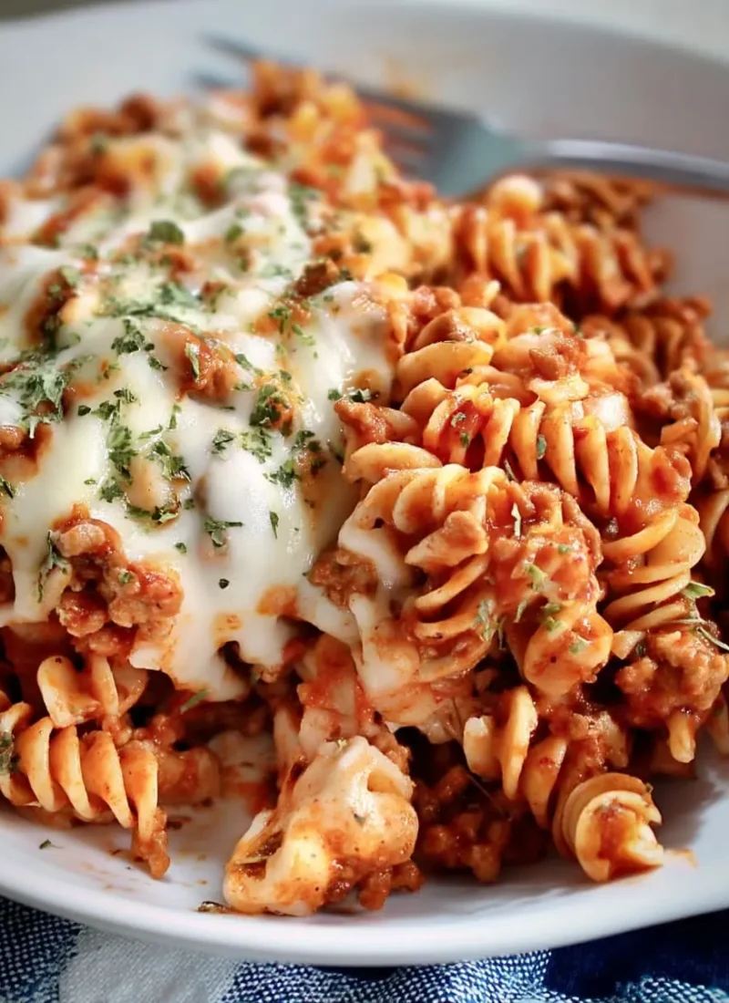 Cheesy baked rotini pasta casserole with seasoned ground beef and tomato sauce on a white plate.