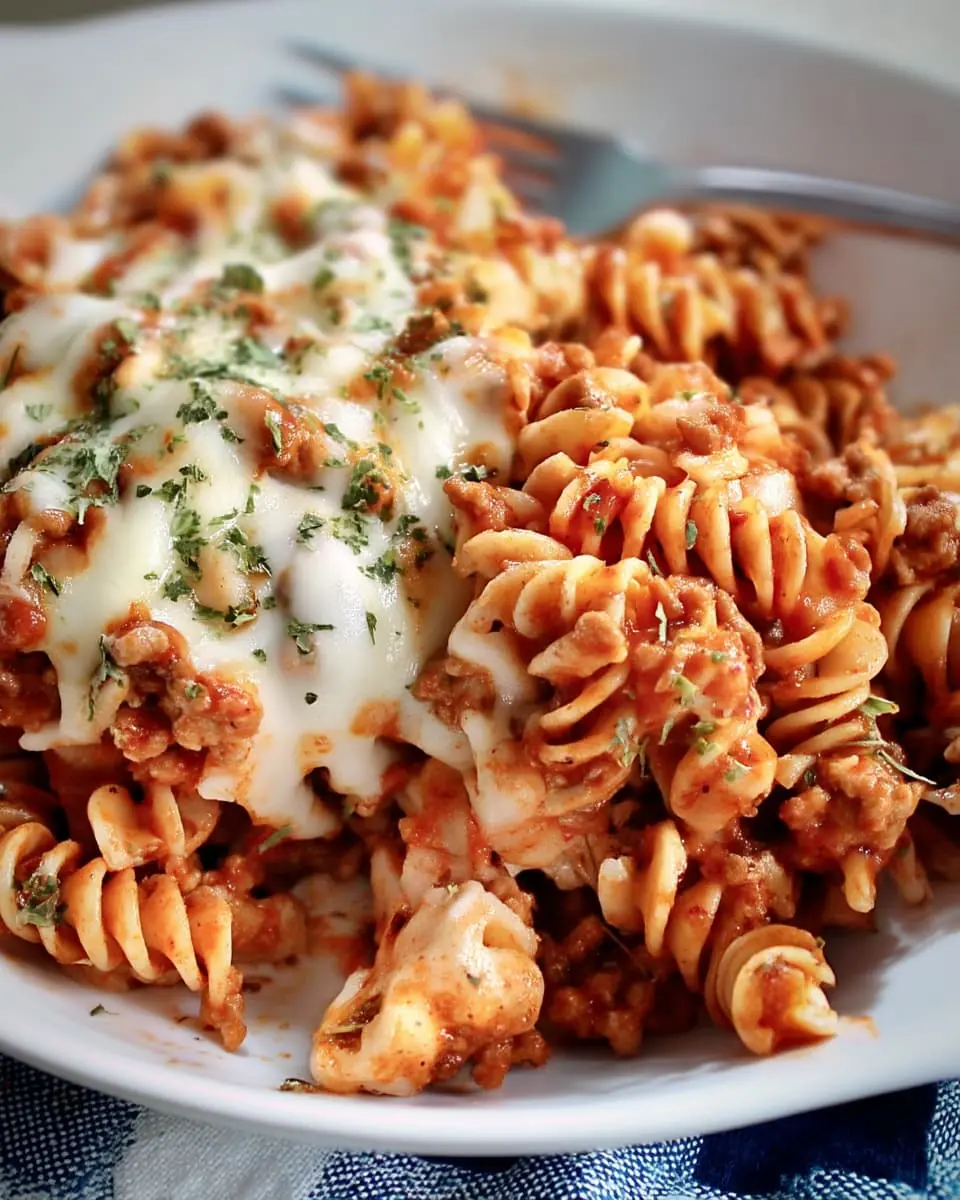 Cheesy baked rotini pasta casserole with seasoned ground beef and tomato sauce on a white plate.