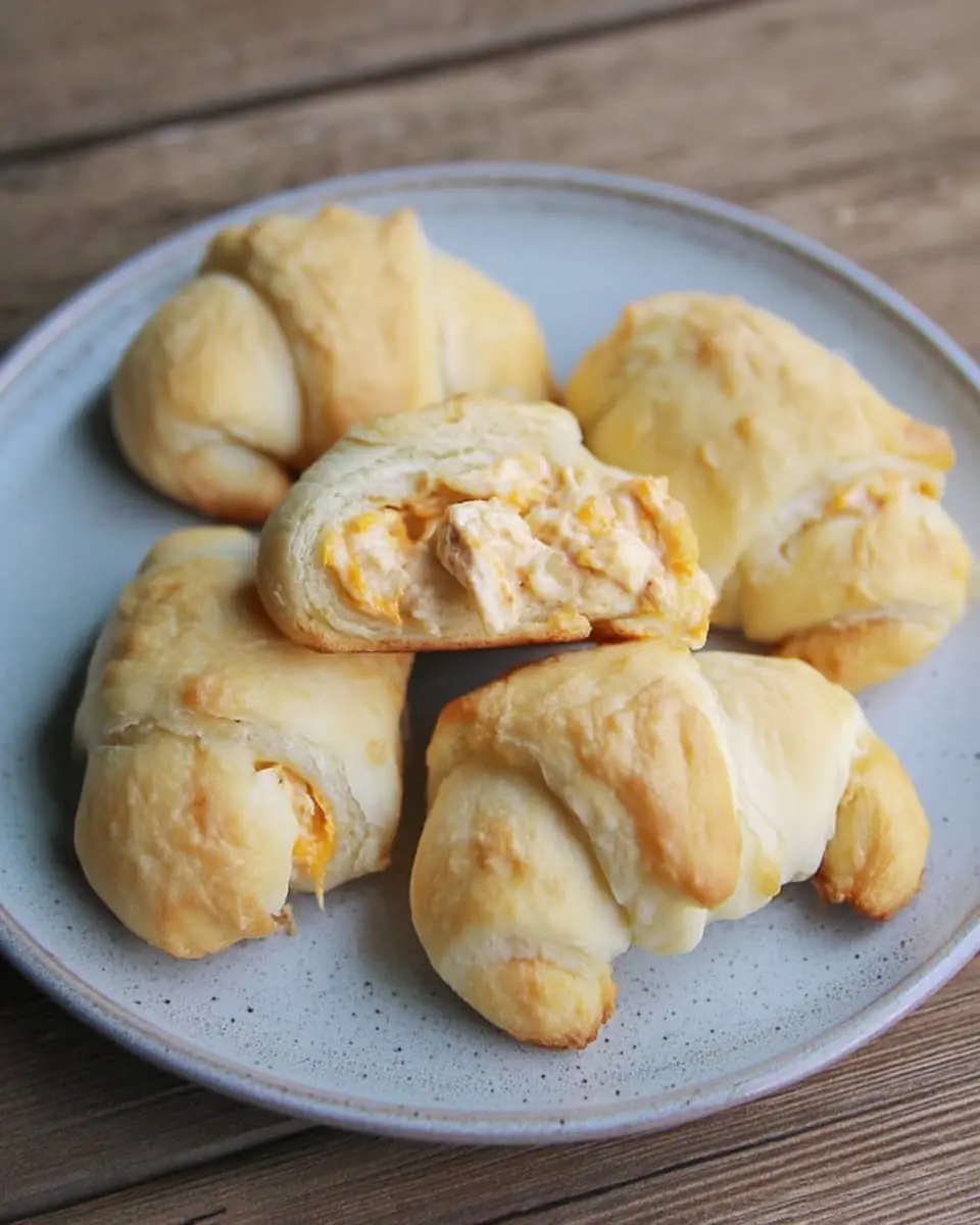 Flaky crescent-roll cheesy garlic chicken wraps arranged on a stoneware plate.