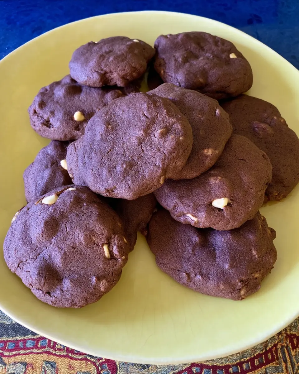Fudgy chocolate brownie cookies with white chocolate chips stacked on a pale yellow plate, perfect for an easy dessert or sweet snack.