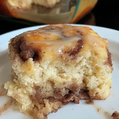 Close-up of a soft cinnamon roll cake slice with gooey cinnamon swirls and vanilla glaze, served on a white plate.