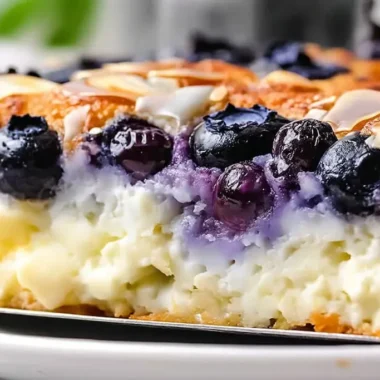 Close-up of cottage cheese blueberry breakfast bake showing creamy white cottage cheese base with bursts of purple blueberries and golden-brown top with sliced almonds