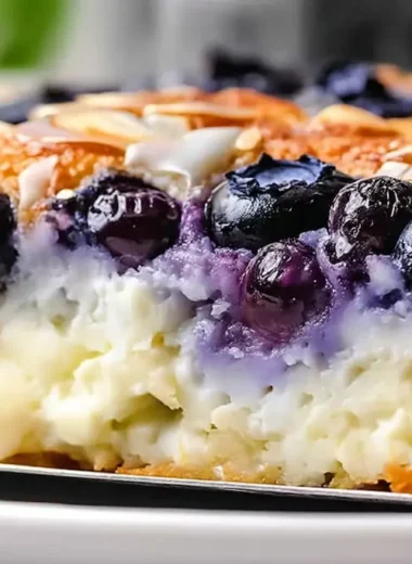 Close-up of cottage cheese blueberry breakfast bake showing creamy white cottage cheese base with bursts of purple blueberries and golden-brown top with sliced almonds
