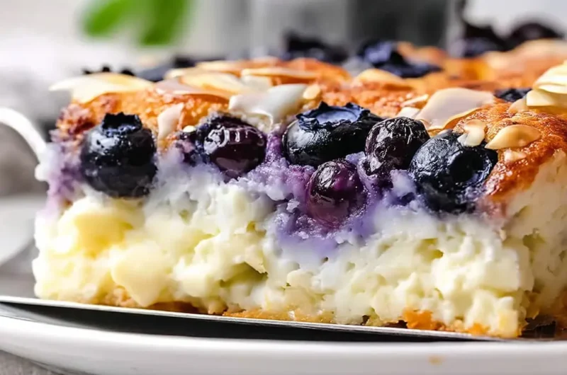 Close-up of cottage cheese blueberry breakfast bake showing creamy white cottage cheese base with bursts of purple blueberries and golden-brown top with sliced almonds