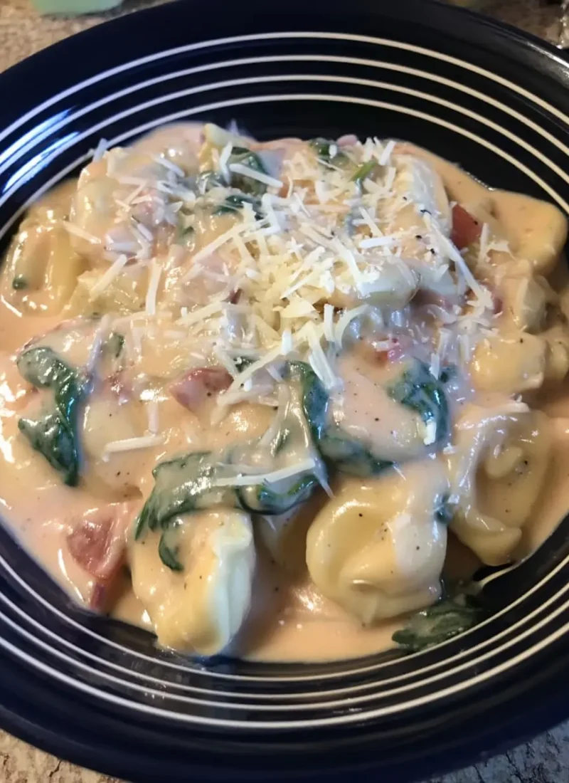 Bowl of creamy cheese tortellini tossed with baby spinach, diced tomatoes, and a sprinkle of grated Parmesan.