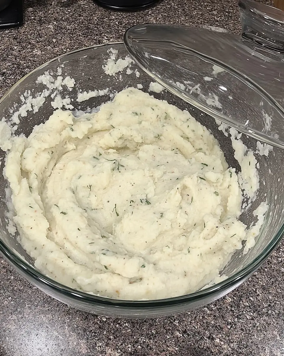 Bowl of creamy roasted garlic mashed potatoes dotted with fresh herbs on a speckled kitchen countertop