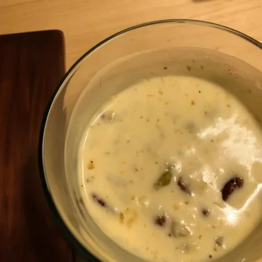 Close-up of creamy white queso dip with mild peppers and beans in a glass bowl on a wooden table.
