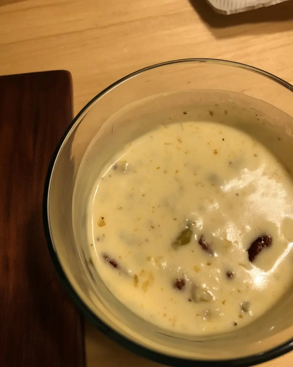 Close-up of creamy white queso dip with mild peppers and beans in a glass bowl on a wooden table.