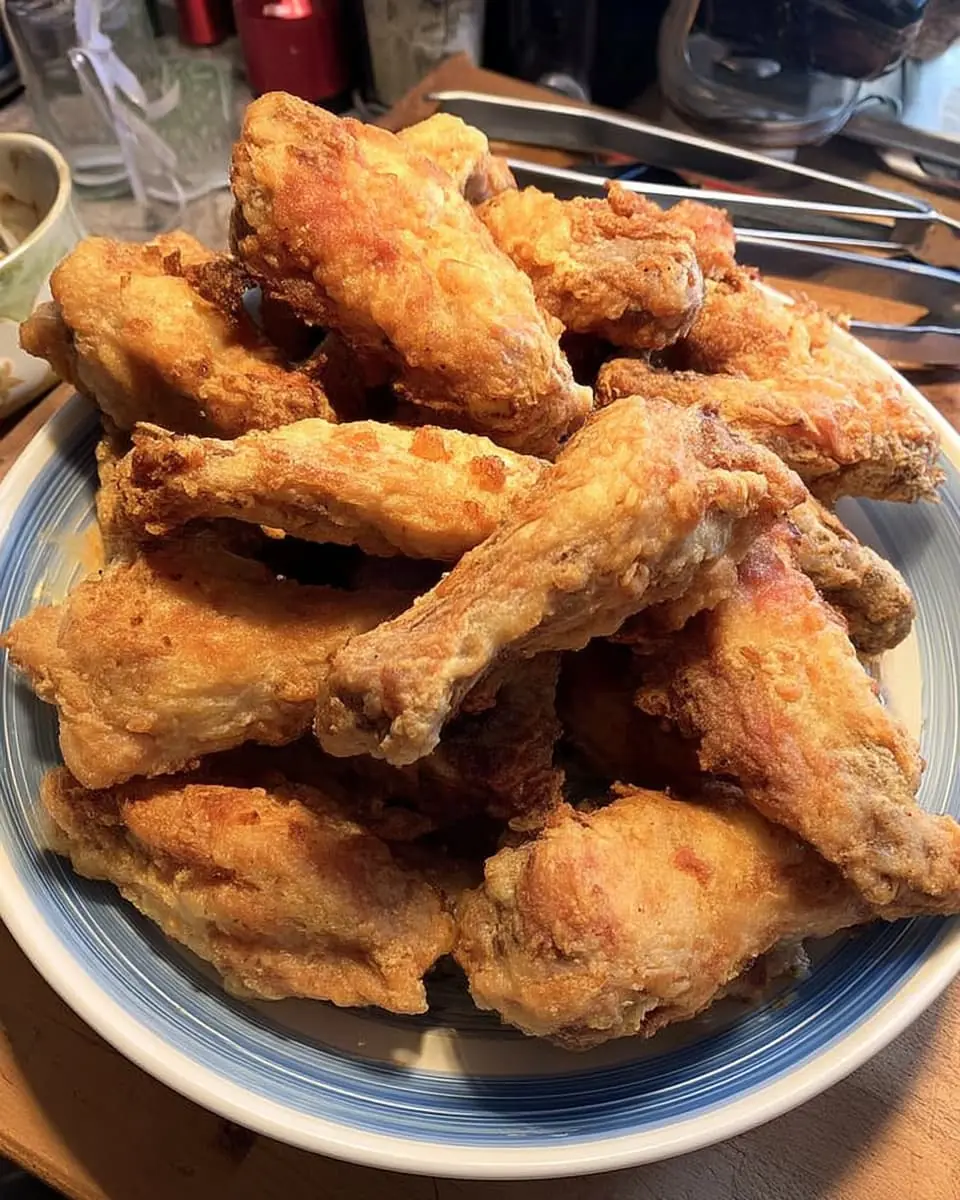 Golden-brown, extra-crispy chicken wings baked in the oven, stacked high on a blue-rimmed plate.