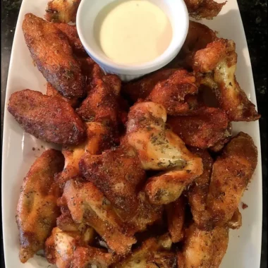 Platter of super-crispy baked chicken wings sprinkled with herbs, surrounding a small bowl of creamy dipping sauce