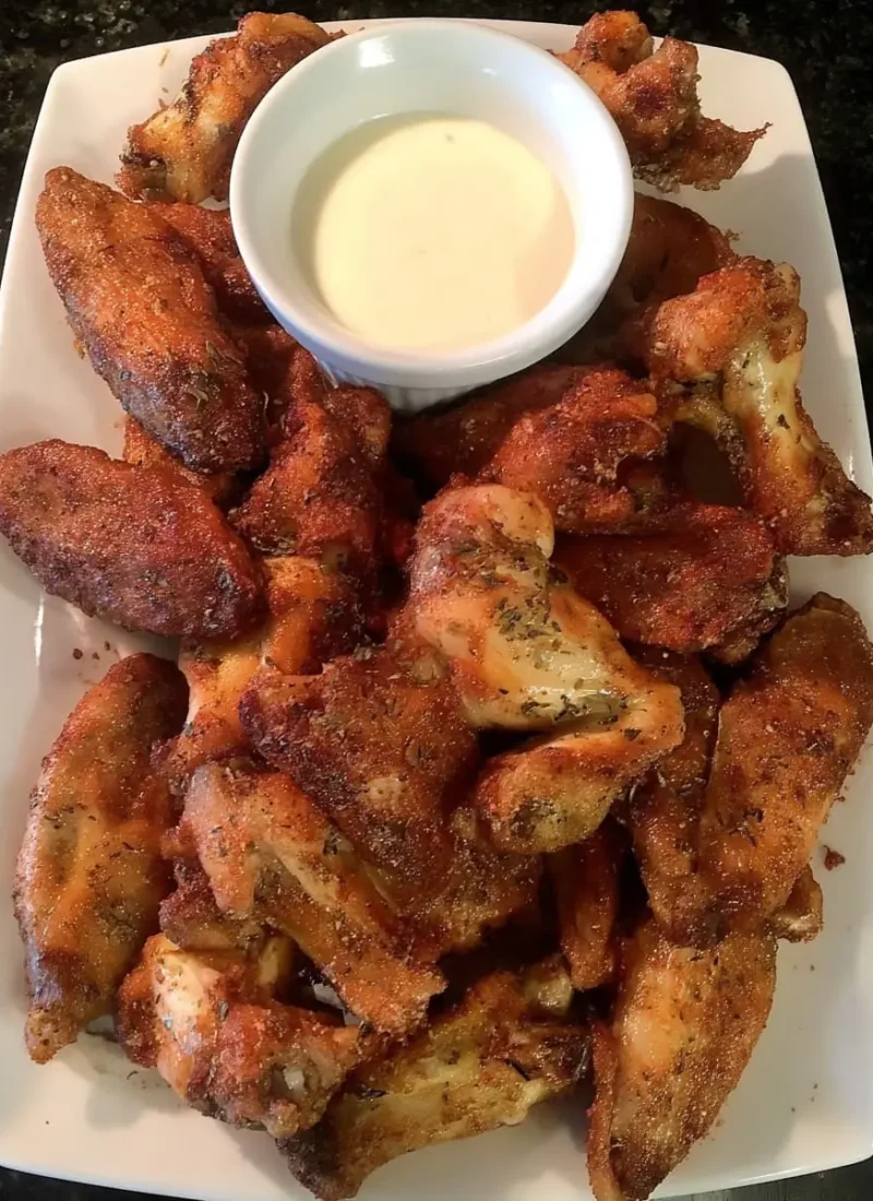 Platter of super-crispy baked chicken wings sprinkled with herbs, surrounding a small bowl of creamy dipping sauce