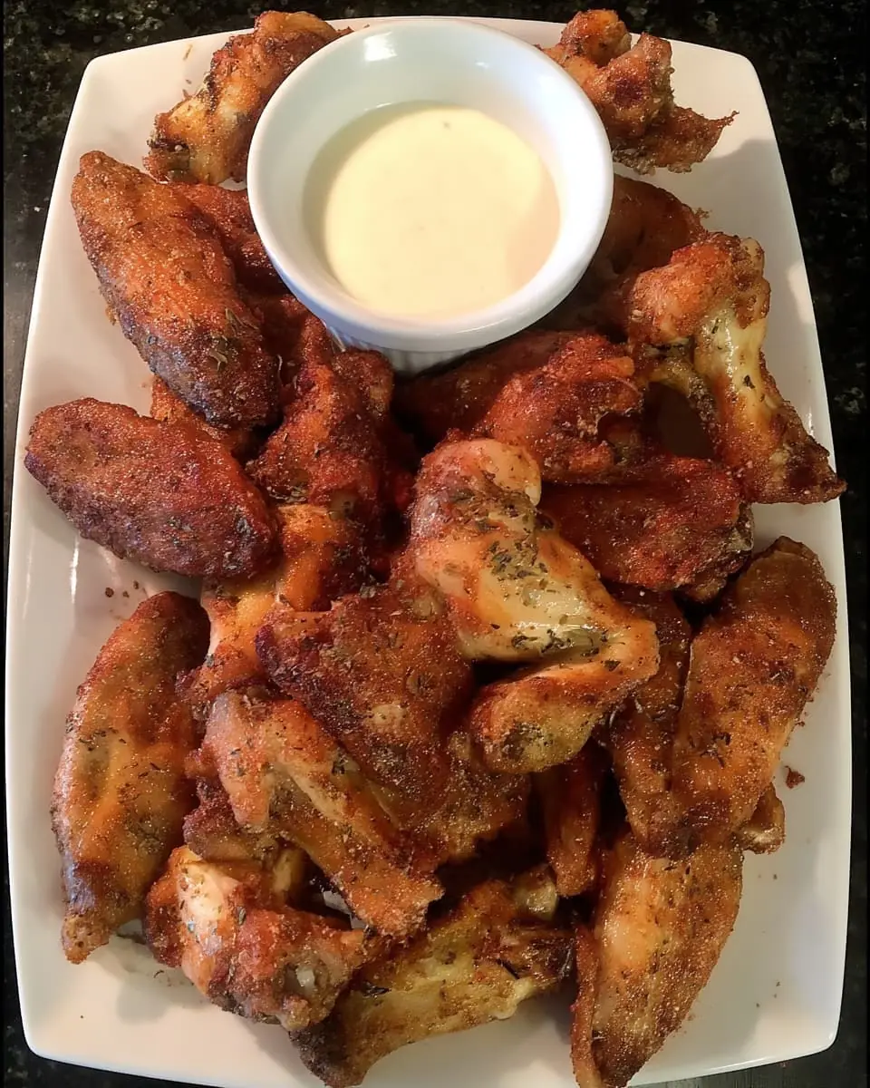 Platter of super-crispy baked chicken wings sprinkled with herbs, surrounding a small bowl of creamy dipping sauce