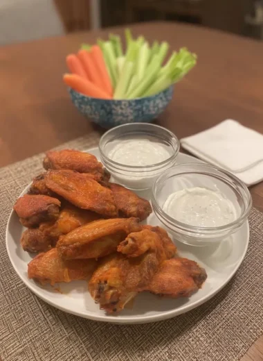 Close-up of crispy oven-baked Buffalo wings coated in a spicy sauce, arranged on a white plate with two small bowls of creamy ranch dressing; a blurred bowl of celery and carrot sticks sits in the background on a wooden table.