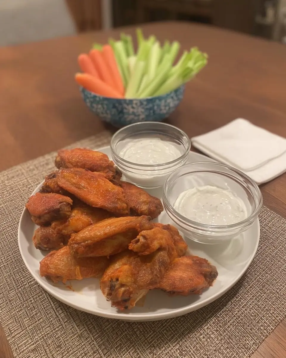 Close-up of crispy oven-baked Buffalo wings coated in a spicy sauce, arranged on a white plate with two small bowls of creamy ranch dressing; a blurred bowl of celery and carrot sticks sits in the background on a wooden table.