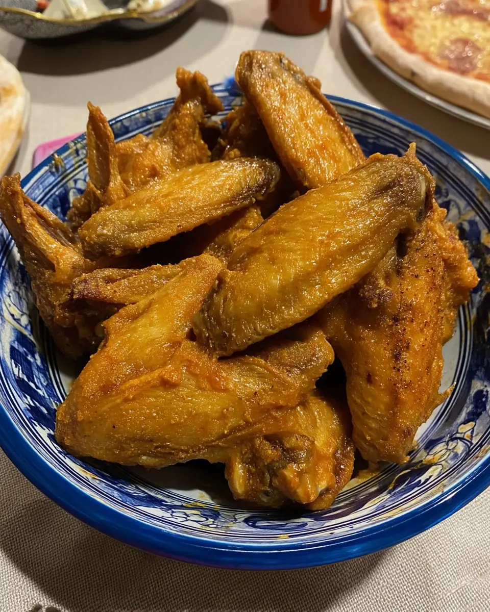 Crispy buffalo wings stacked in a blue ceramic bowl — an easy oven-baked chicken wing recipe.