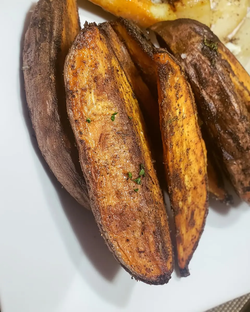 Close-up of golden, crispy potato wedges coated in spices and herbs on a white plate.