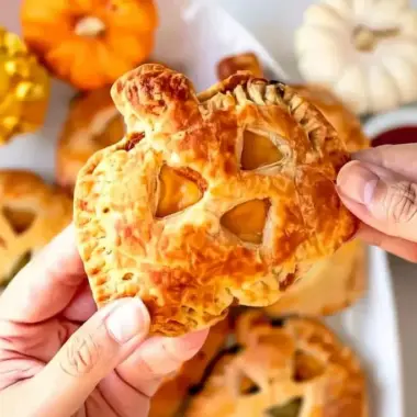 Hands holding a golden puff pastry jack-o-lantern hand pie with visible flaky layers, showing the savory cheeseburger filling inside, with more hand pies and decorative pumpkins in the background