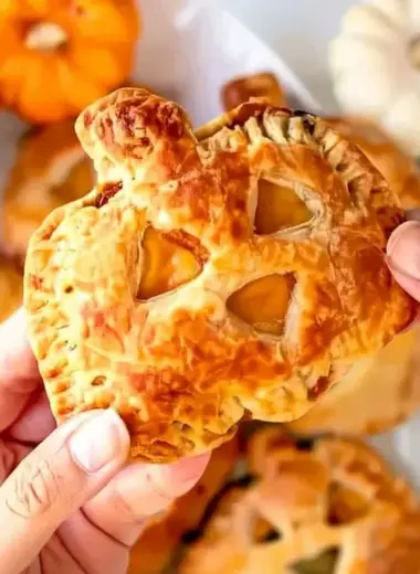 Hands holding a golden puff pastry jack-o-lantern hand pie with visible flaky layers, showing the savory cheeseburger filling inside, with more hand pies and decorative pumpkins in the background