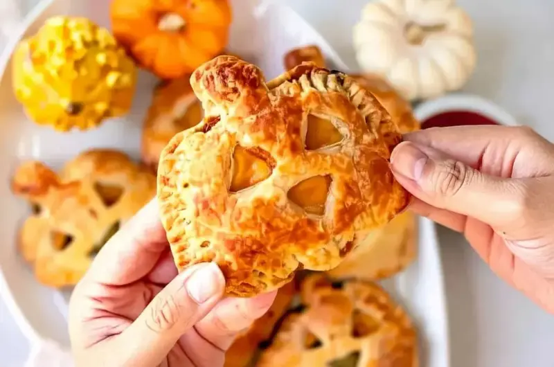 Hands holding a golden puff pastry jack-o-lantern hand pie with visible flaky layers, showing the savory cheeseburger filling inside, with more hand pies and decorative pumpkins in the background