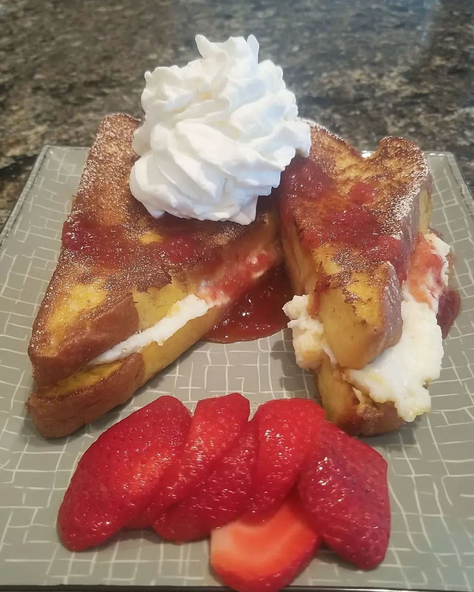 Fried strawberry cheesecake sandwiches with whipped cream on top, strawberry sauce, and fresh sliced strawberries on the side, served on a gray patterned plate.