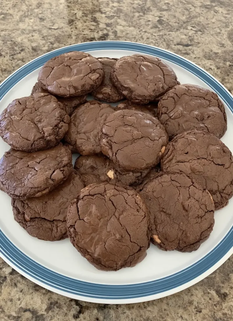 Plate of fudgy brownie cookies made from boxed brownie mix, stacked on a white plate with a blue rim, sitting on a marbled kitchen counter.