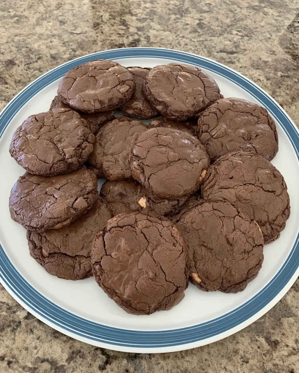 Plate of fudgy brownie cookies made from boxed brownie mix, stacked on a white plate with a blue rim, sitting on a marbled kitchen counter.