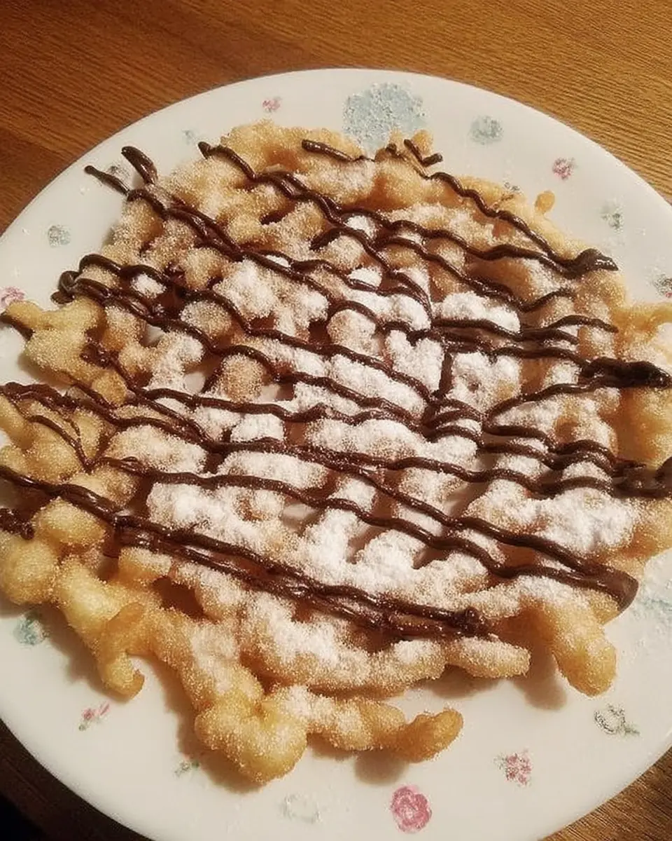 Golden brown funnel cake bites topped with powdered sugar and a generous drizzle of chocolate syrup, served on a floral-patterned plate.