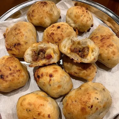 Plate of golden-brown garlic-parmesan cheeseburger bombshell bites, one split open to show a cheesy ground-beef filling.