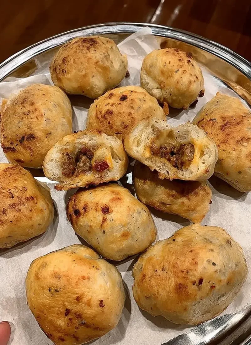 Plate of golden-brown garlic-parmesan cheeseburger bombshell bites, one split open to show a cheesy ground-beef filling.
