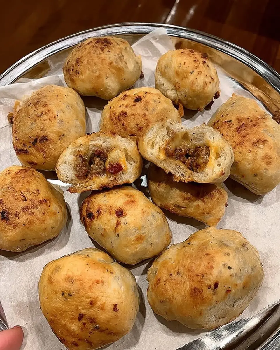 Plate of golden-brown garlic-parmesan cheeseburger bombshell bites, one split open to show a cheesy ground-beef filling.