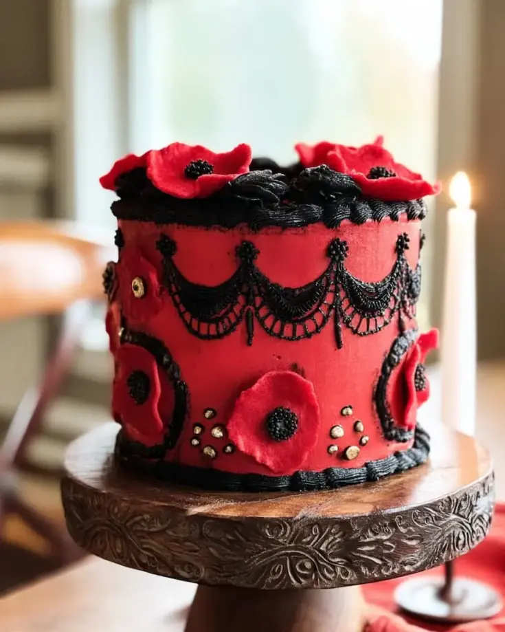 Gothic Halloween cake with deep red frosting and intricate black buttercream piping, decorated with red edible flowers and gold dragees on an ornate cake stand