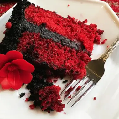 Slice of gothic Halloween cake showing bright red velvet layers with black buttercream frosting on a white plate with silver fork