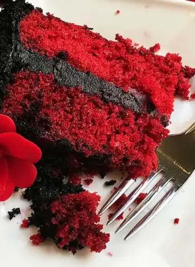 Slice of gothic Halloween cake showing bright red velvet layers with black buttercream frosting on a white plate with silver fork