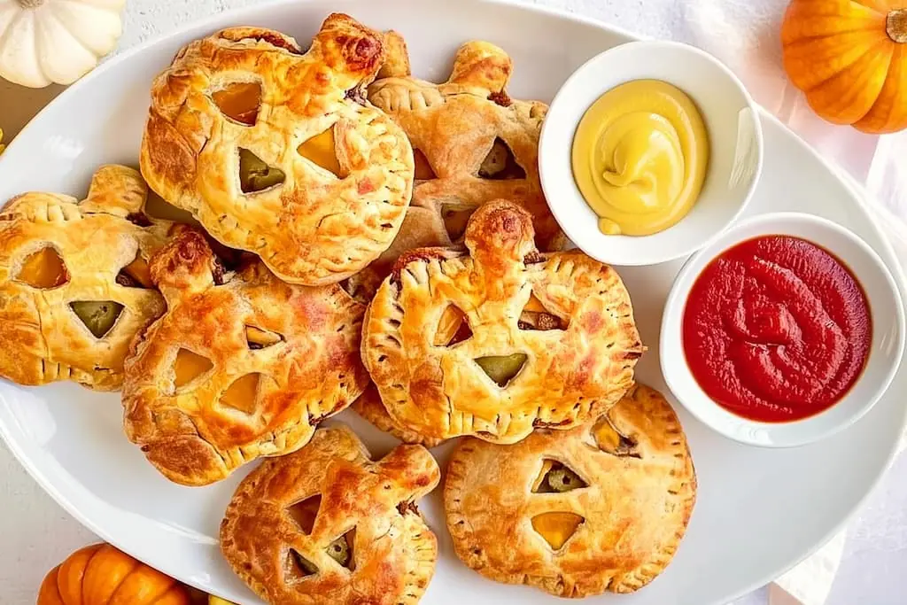 Overhead view of golden jack-o-lantern hand pies with carved faces on a white plate alongside two small bowls of yellow mustard and red ketchup, with decorative pumpkins visible at edges