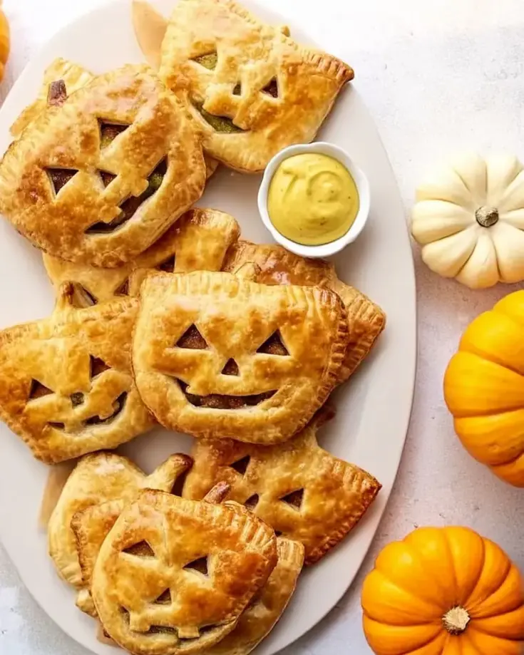 Golden-brown jack-o-lantern shaped puff pastry hand pies with carved faces arranged on a white plate next to decorative pumpkins and a small bowl of mustard