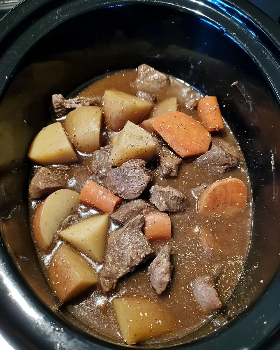 Slow cooker beef stew in a black crockpot, showing tender beef chunks, potato wedges, and carrot pieces in a thick brown gravy.