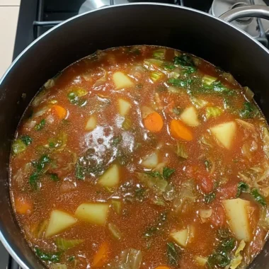 Simmering pot of hearty vegetable stew with potatoes, carrots, celery, cabbage, and leafy greens in a rich tomato broth.